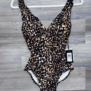 DKNY Women's Printed Ruffle Plunge Underwire Tummy-Control One-Piece Swimsuit